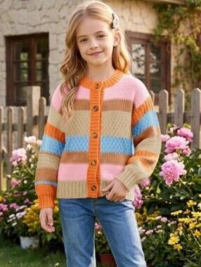 Girls Color Block Cardigan Sweaters Button Up Knit Sweater Orange